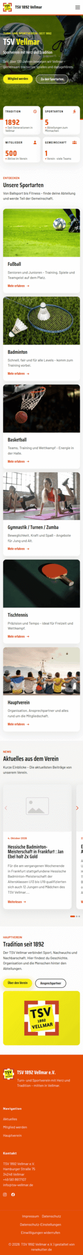 TSV Vellmar mobile Ansicht der Startseite